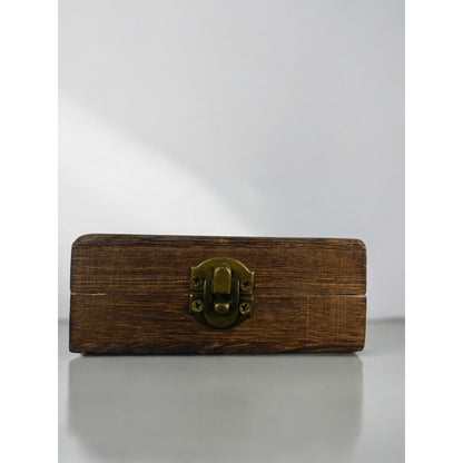 Rustic Wooden Trinket Jewelry Box Vikings Carved Lid Hinged Brass Latch Square