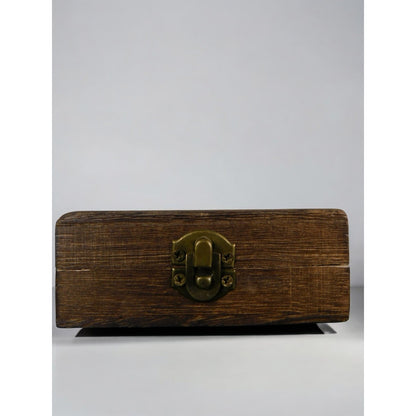 Rustic Wooden Trinket Jewelry Box Vikings Carved Lid Hinged Brass Latch Square