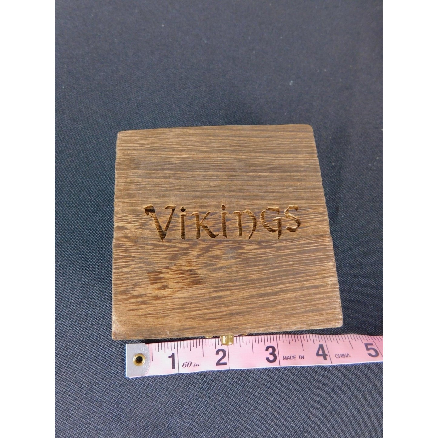 Rustic Wooden Trinket Jewelry Box Vikings Carved Lid Hinged Brass Latch Square