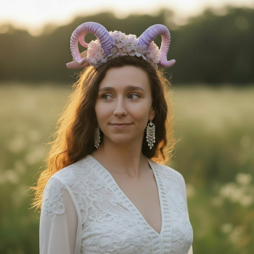 Ram Horns Floral Headband Purple Pink Glitter Witchy