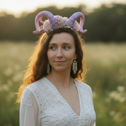 Ram Horns Floral Headband Purple Pink Glitter Witchy