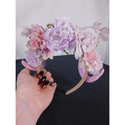 Ram Horns Floral Headband Purple Pink Glitter Witchy