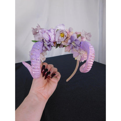 Ram Horns Floral Headband Purple Pink Glitter Witchy