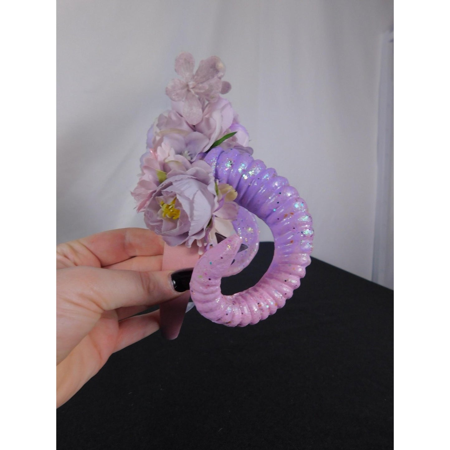 Ram Horns Floral Headband Purple Pink Glitter Witchy