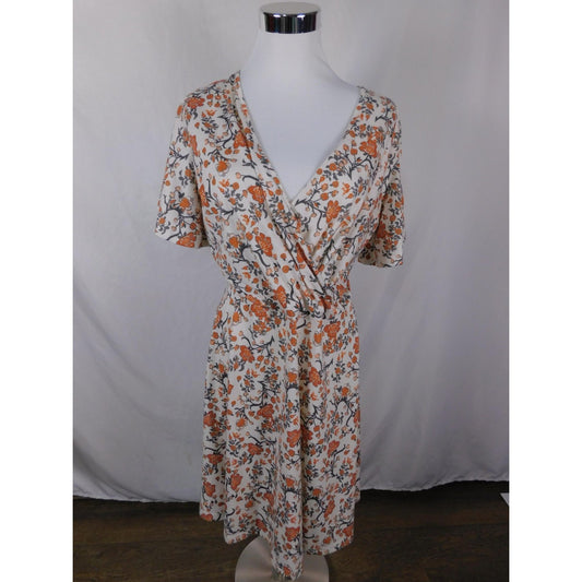 Fensace Large Cream Orange Floral Wrap V-Neck Midi Dress