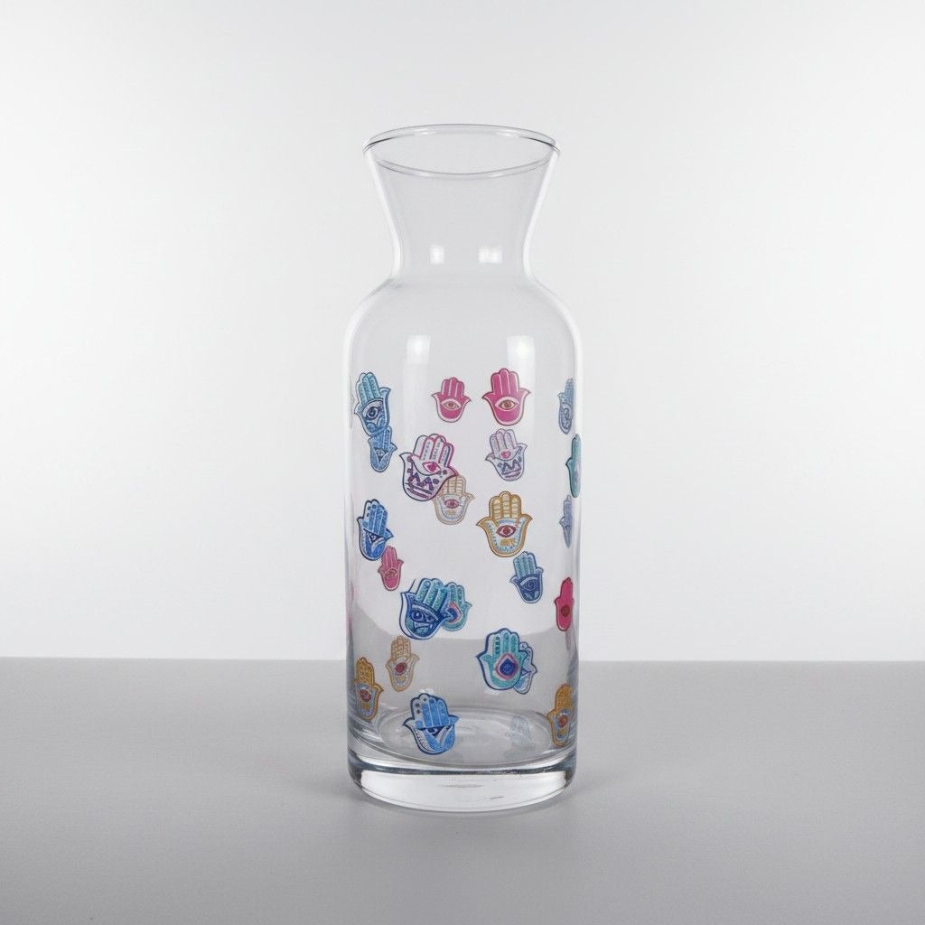 Hamsa Hand Design Clear Glass Vase 8" Tall With Colorful Evil Eye Motif