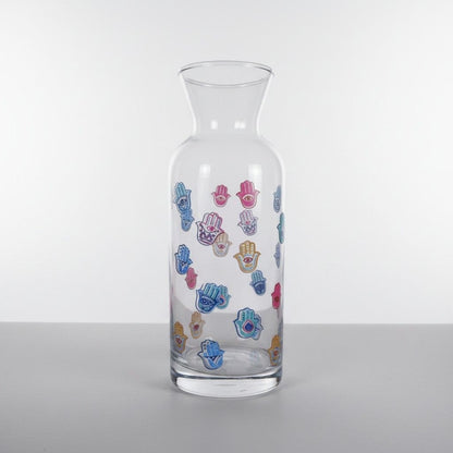 Hamsa Hand Design Clear Glass Vase 8" Tall With Colorful Evil Eye Motif