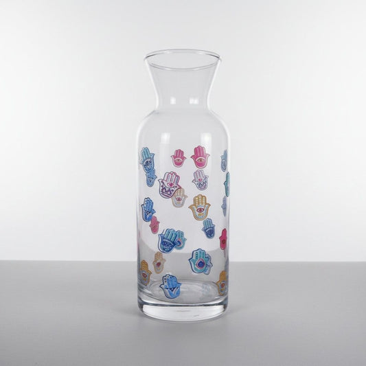 Hamsa Hand Design Clear Glass Vase 8" Tall With Colorful Evil Eye Motif