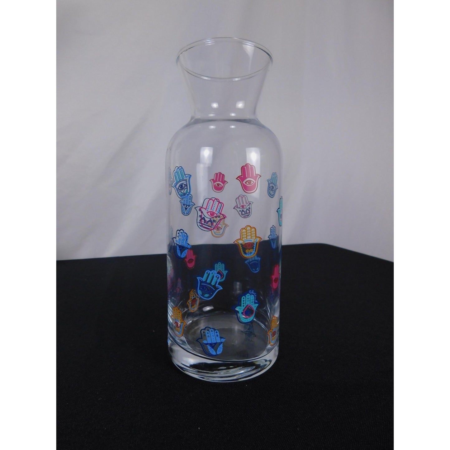 Hamsa Hand Design Clear Glass Vase 8" Tall With Colorful Evil Eye Motif
