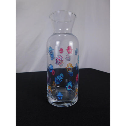 Hamsa Hand Design Clear Glass Vase 8" Tall With Colorful Evil Eye Motif