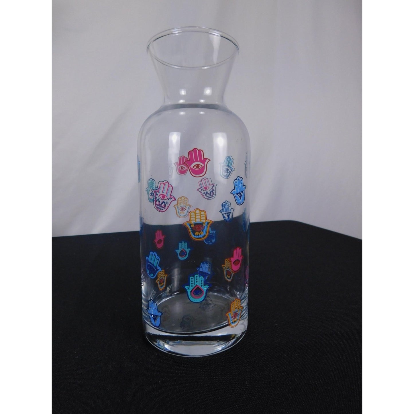 Hamsa Hand Design Clear Glass Vase 8" Tall With Colorful Evil Eye Motif