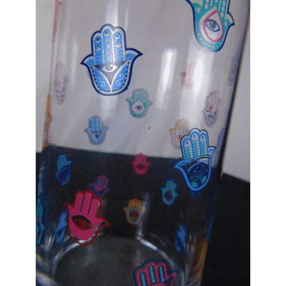 Hamsa Hand Design Clear Glass Vase 8" Tall With Colorful Evil Eye Motif