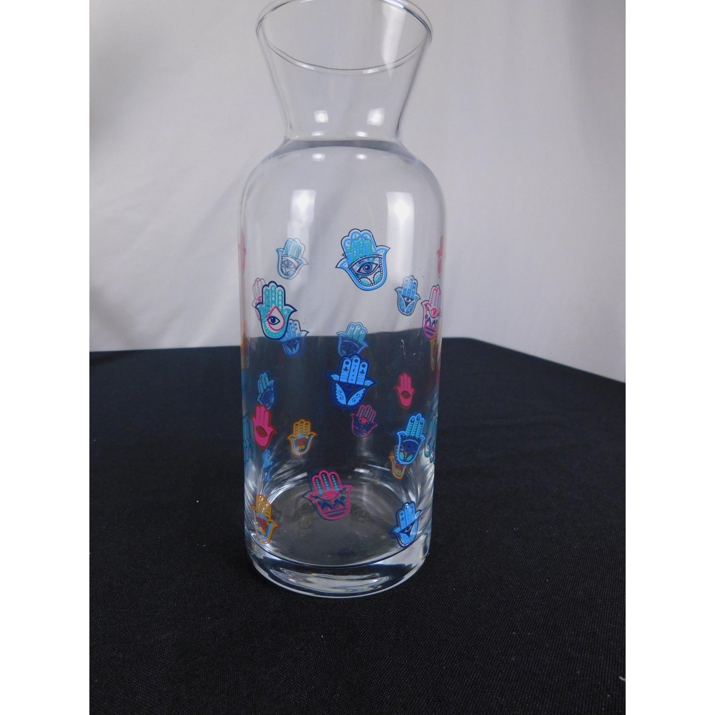 Hamsa Hand Design Clear Glass Vase 8" Tall With Colorful Evil Eye Motif