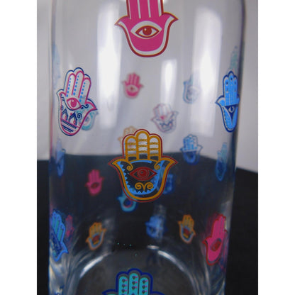 Hamsa Hand Design Clear Glass Vase 8" Tall With Colorful Evil Eye Motif