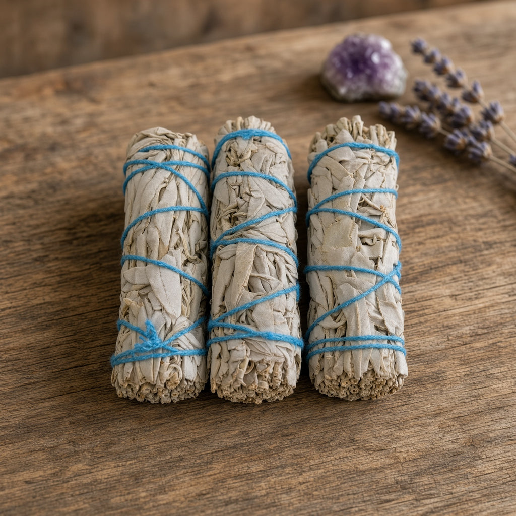 Three 4 inch California white sage smudge sticks tied with blue string on a wooden surface with lavender and crystal