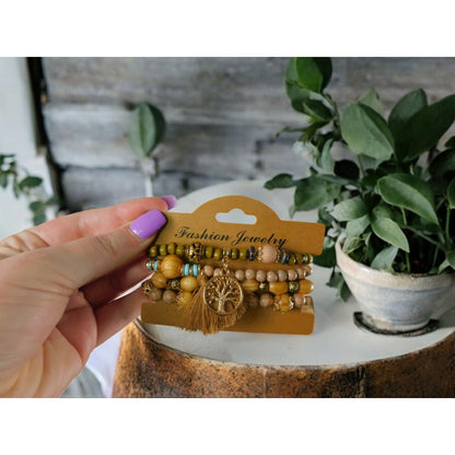 Boho Tree Of Life Multi Layer Stone Beaded Stretch Bracelet Set