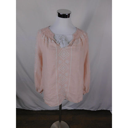 Joie Linen Peasant Blouse Womens XS Pink Embroidered Boho Tassel Tie Woven Top