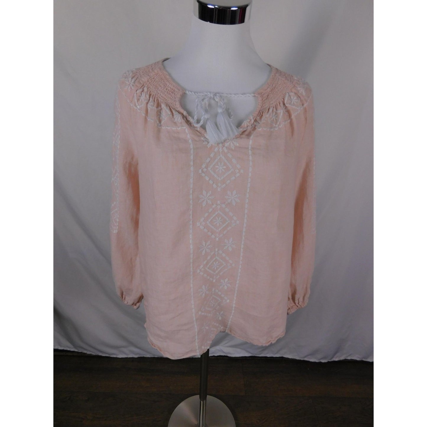 Joie Linen Peasant Blouse Womens XS Pink Embroidered Boho Tassel Tie Woven Top