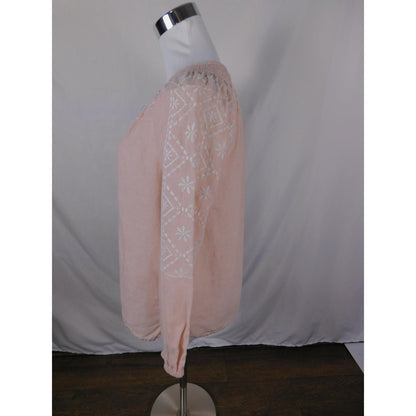 Joie Linen Peasant Blouse Womens XS Pink Embroidered Boho Tassel Tie Woven Top