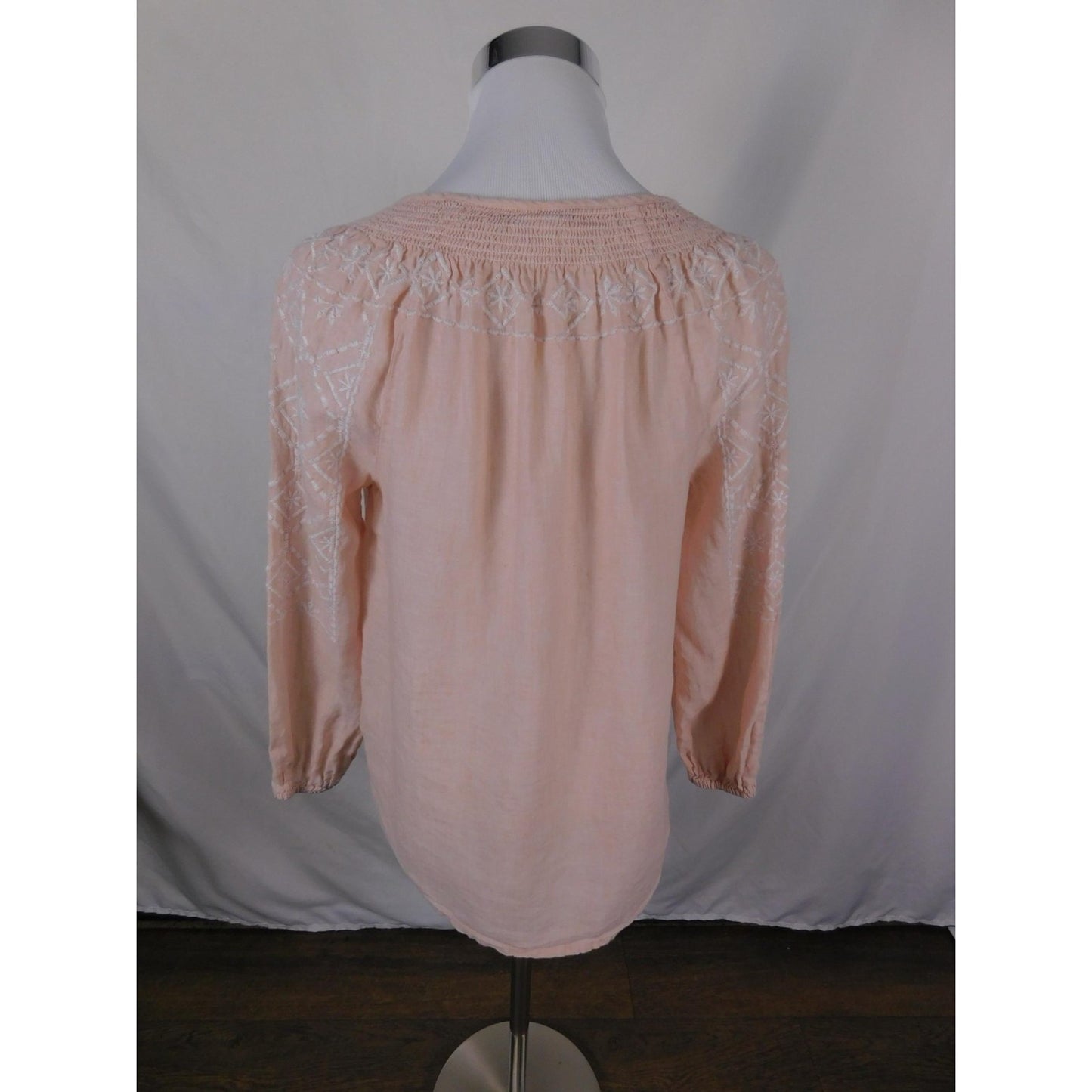 Joie Linen Peasant Blouse Womens XS Pink Embroidered Boho Tassel Tie Woven Top