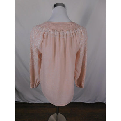 Joie Linen Peasant Blouse Womens XS Pink Embroidered Boho Tassel Tie Woven Top