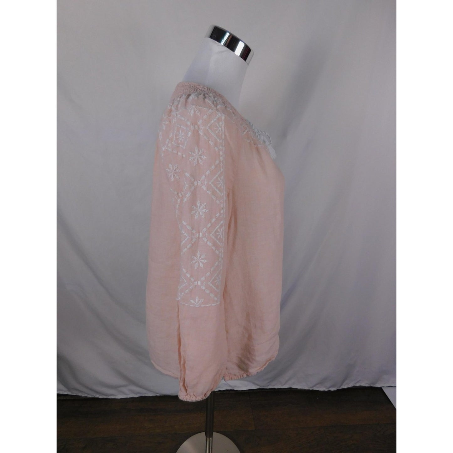 Joie Linen Peasant Blouse Womens XS Pink Embroidered Boho Tassel Tie Woven Top