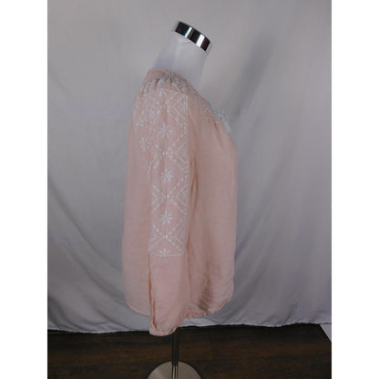 Joie Linen Peasant Blouse Womens XS Pink Embroidered Boho Tassel Tie Woven Top