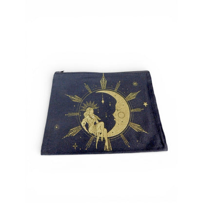 Blue Canvas Makeup Bag Zipper Pouch Celestial Moon Star Goddess Print Design