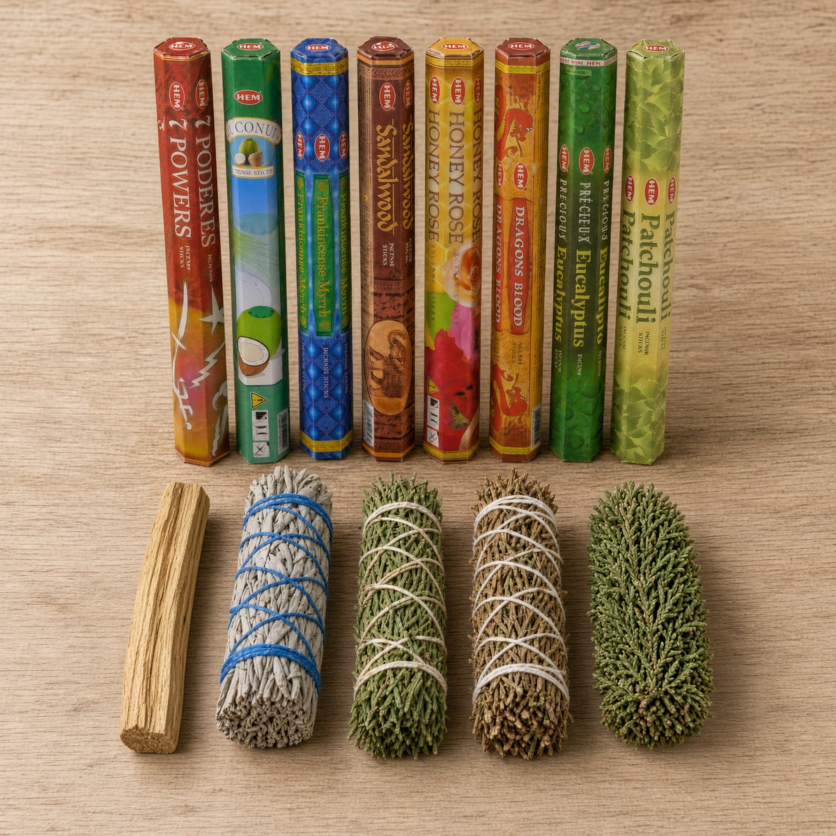Seven African Powers Incense & Cleansing Bundle 8 HEM Boxes plus Sage, Cedar, Rosemary, Juniper & Palo Santo