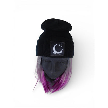 Crescent Moon Beanie Hat Womens One Size Black Satin Lined Knit Warm Winter