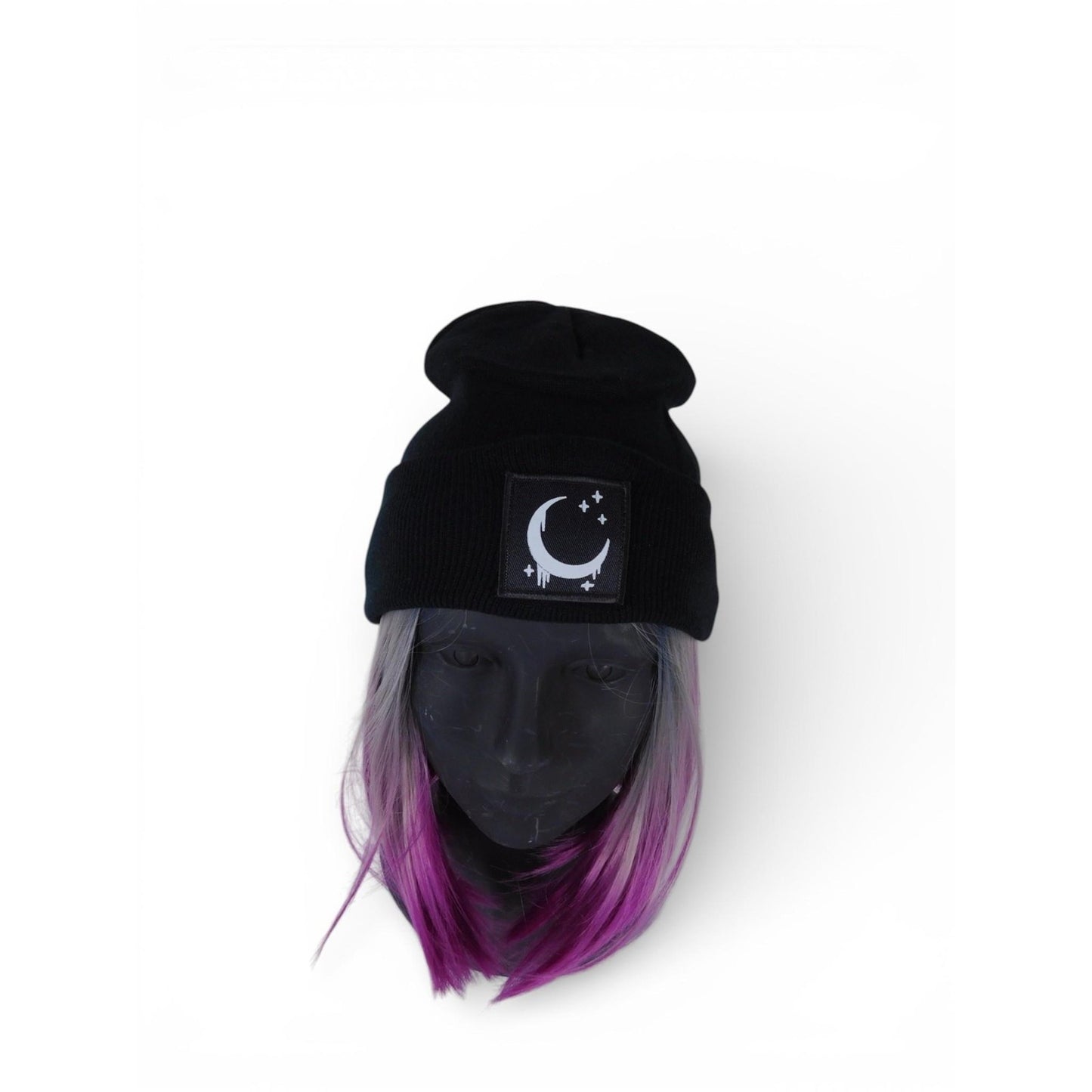 Crescent Moon Beanie Hat Womens One Size Black Satin Lined Knit Warm Winter