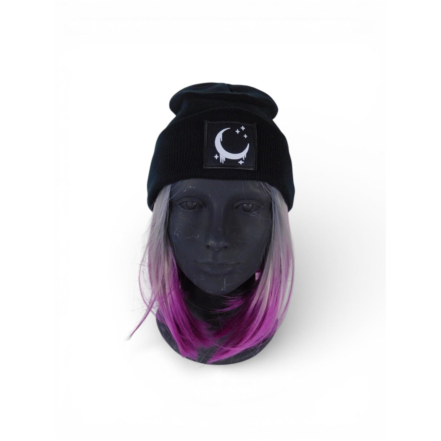 Crescent Moon Beanie Hat Womens One Size Black Satin Lined Knit Warm Winter