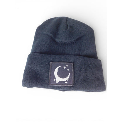 Crescent Moon Beanie Hat Womens One Size Black Satin Lined Knit Warm Winter
