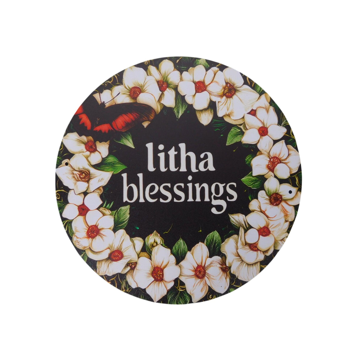 Litha Blessings Round Metal Tin Sign 8"x8" With Floral Wreath Design Summer Solstice Home Wall Decor Vintage Aesthetic
