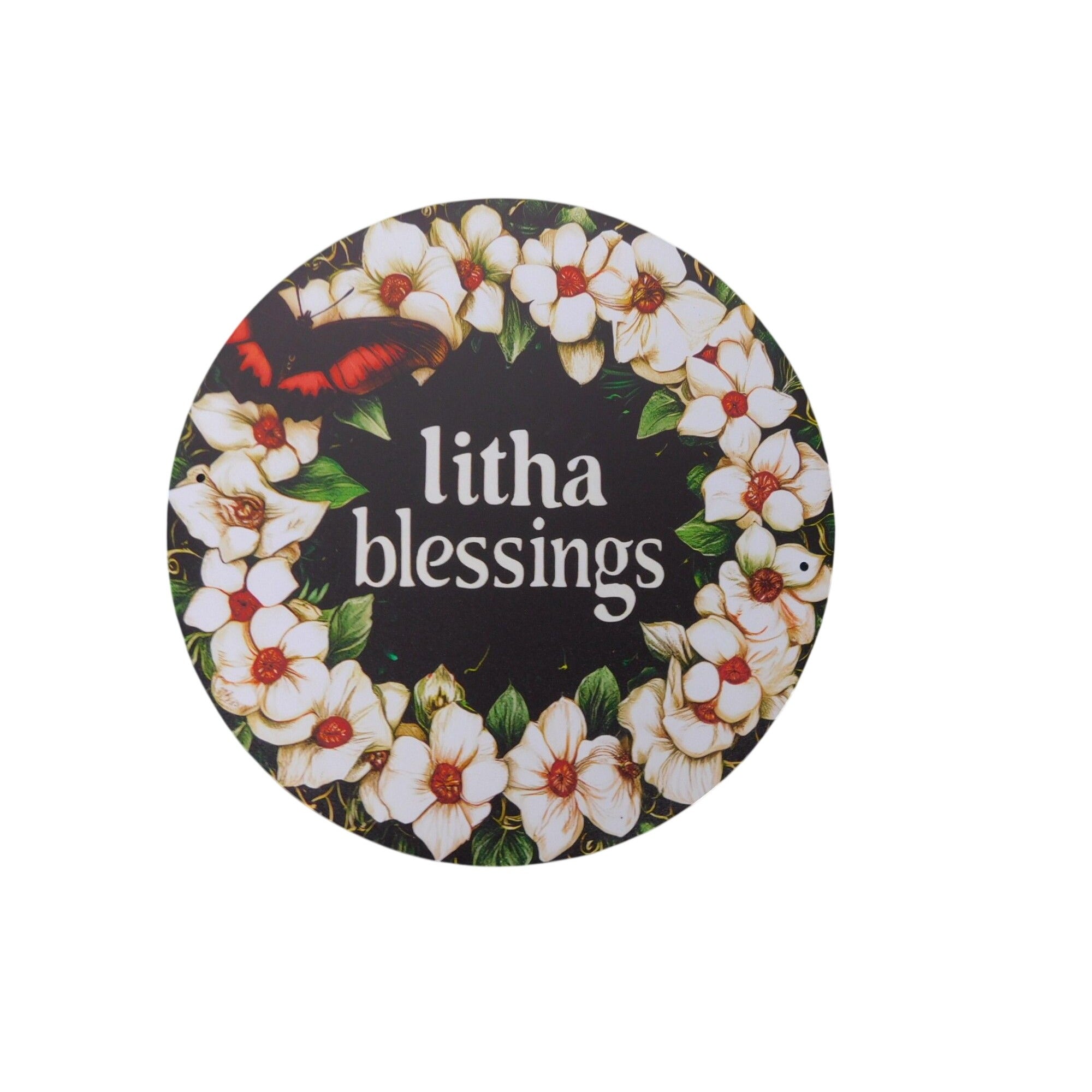 Litha Blessings Round Metal Tin Sign 8"x8" With Floral Wreath Design Summer Solstice Home Wall Decor Vintage Aesthetic