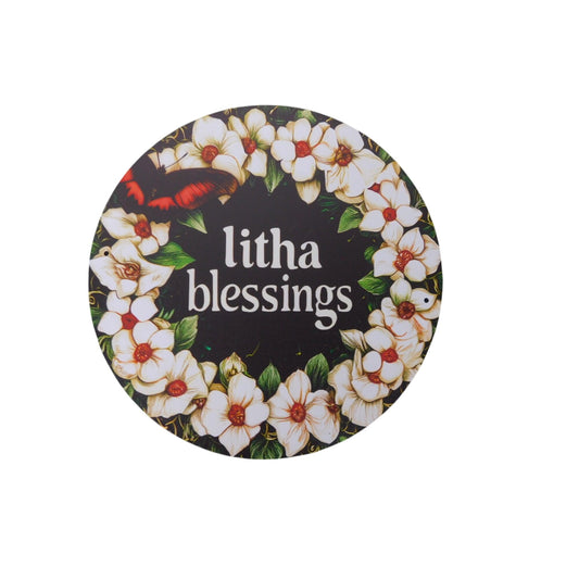 Litha Blessings Round Metal Tin Sign 8"x8" With Floral Wreath Design Summer Solstice Home Wall Decor Vintage Aesthetic