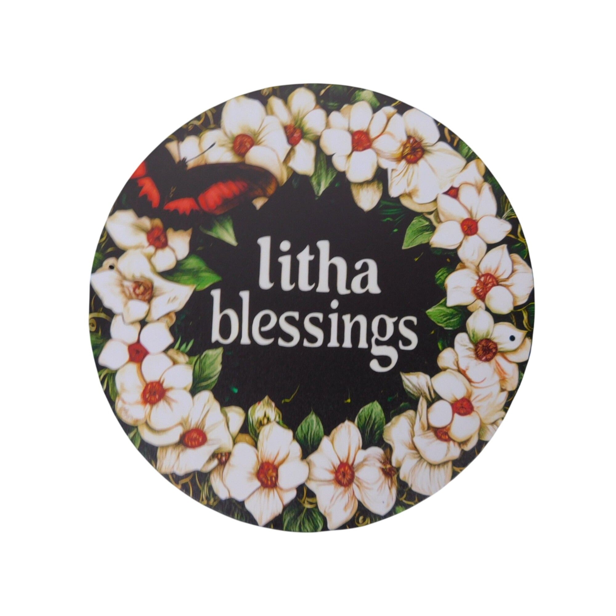 Litha Blessings Round Metal Tin Sign 8"x8" With Floral Wreath Design Summer Solstice Home Wall Decor Vintage Aesthetic