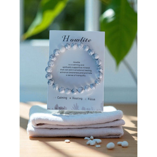 Howlite Gemstone Bead Bracelet Calming Healing Focus Stretch Unisex Jewelry Gift