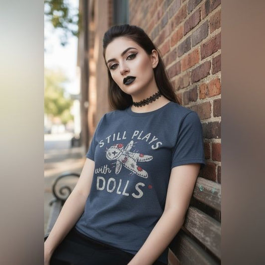 Crazy Dog T-Shirts Shirt Womens Medium Gray Still Plays With Dolls Voodoo Tee