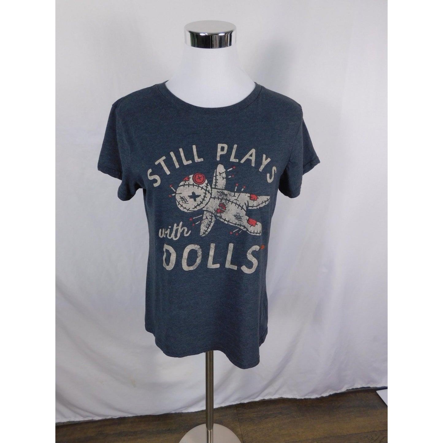Crazy Dog T-Shirts Shirt Womens Medium Gray Still Plays With Dolls Voodoo Tee