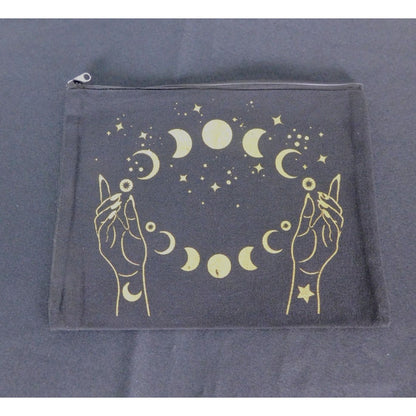 Moon Phase Black Canvas Zipper Pouch 9"x7" Mystical Hand Celestial