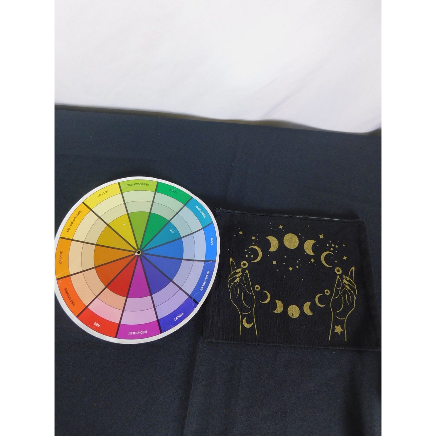 Moon Phase Black Canvas Zipper Pouch 9"x7" Mystical Hand Celestial