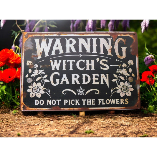 Warning Witch's Garden Metal Tin Sign 12x8 Vintage Gothic Decor