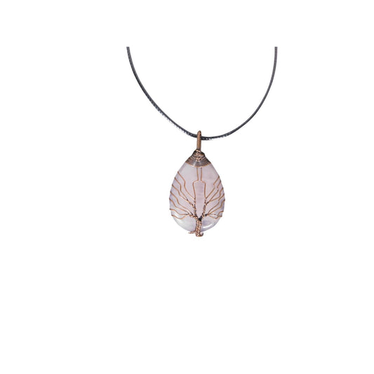 Rose Quartz Tree of Life Pendant Necklace Wire Wrapped Pink Crystal Teardrop