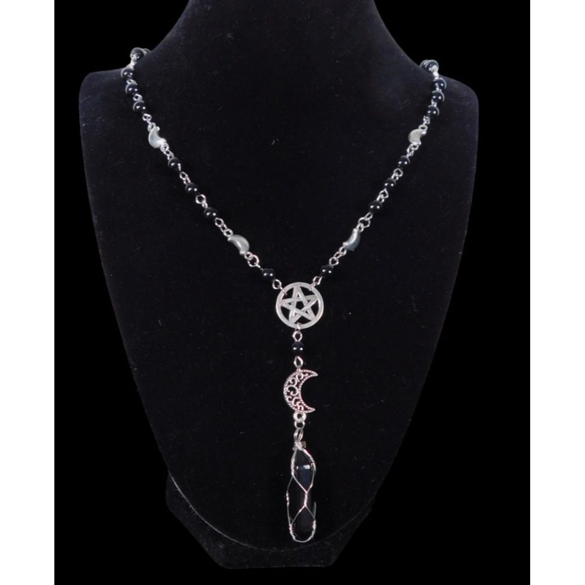 Witch Prayer Beads Onyx Pentagram Moon Necklace