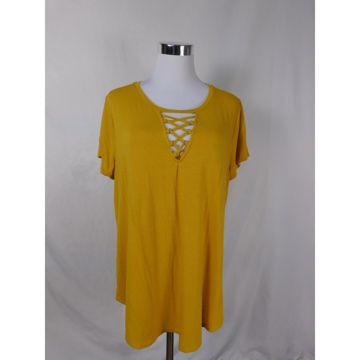 Wonderly Shirt Womens Large Yellow Lattice Neck Short Sleeve Linen Blend Tee Top