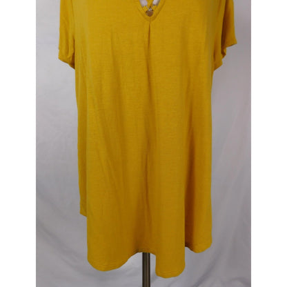 Wonderly Shirt Womens Large Yellow Lattice Neck Short Sleeve Linen Blend Tee Top
