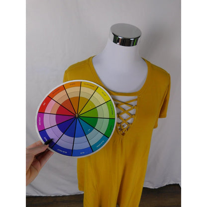 Wonderly Shirt Womens Large Yellow Lattice Neck Short Sleeve Linen Blend Tee Top