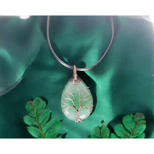 Green Aventurine Tree of Life Pendant Necklace Healing Crystal Jewelry 18" Cord