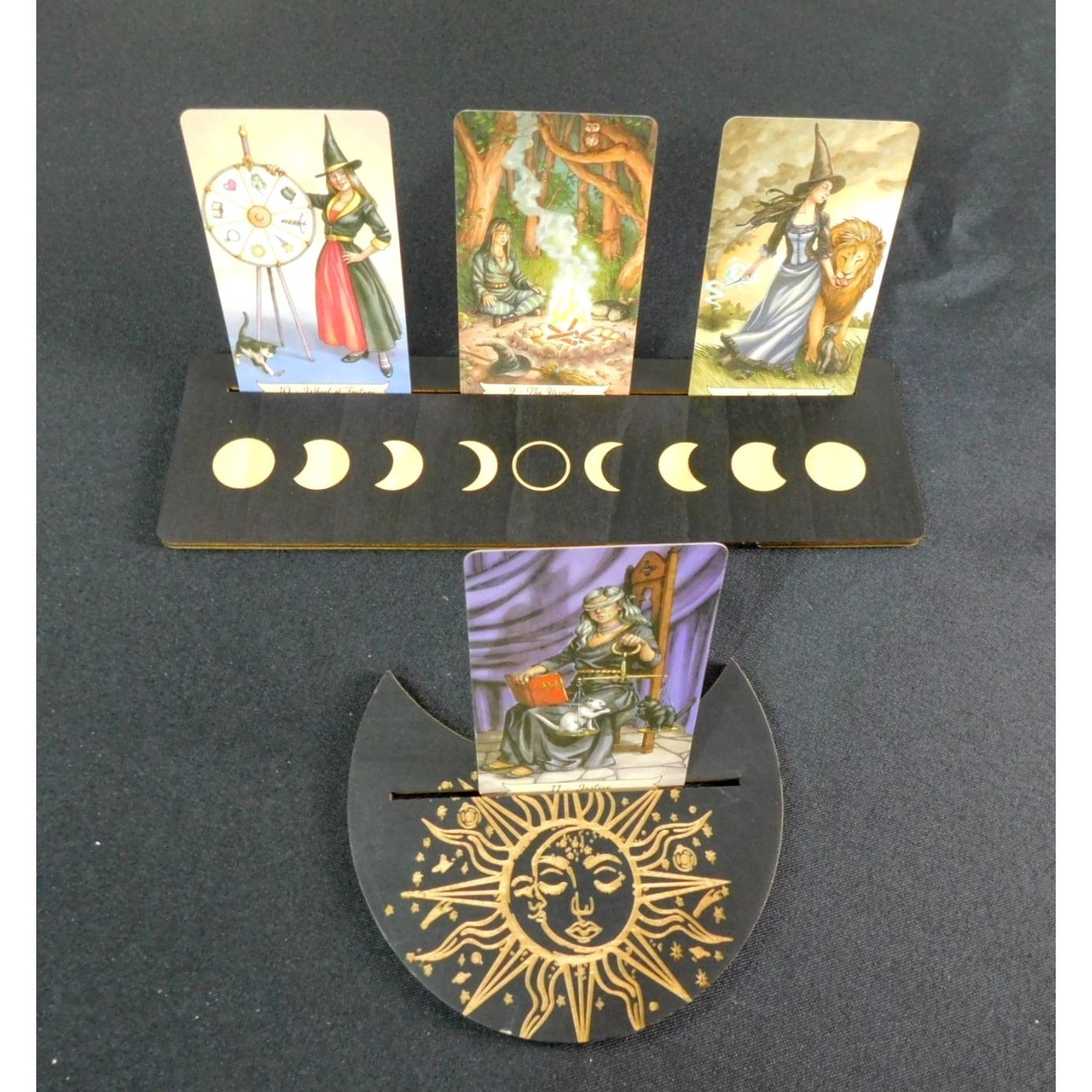 Black & Gold Tarot Card Holder – Sun & Moon Wood Set – New